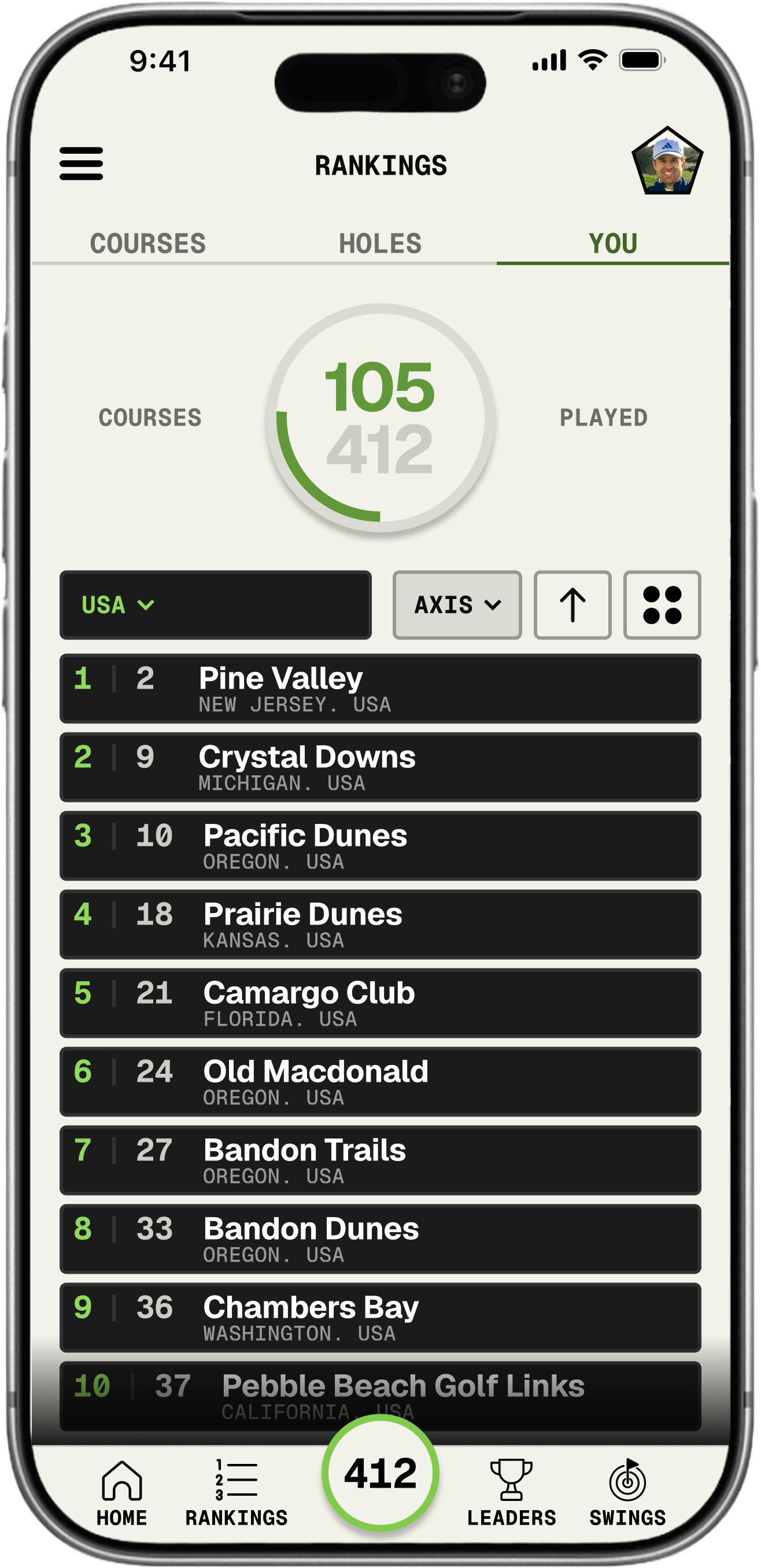 Personal course rankings screen in the Alister app